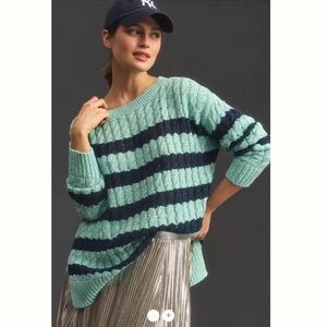 Pilcro Blue Stripe Crew Open Weave Sweater Tunic Length Size XL